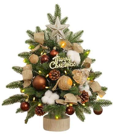40cm/17.7Inch Mini Christmas Tree with Lights, Artificial Decorative Table Top Mini Christmas Tree, Holiday Desk Ornament Home Decor Party Favor Present DIY Christmas Decoration Gifts (Gold)