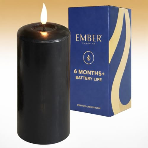 Ember Candles™ 15cm Signature Black LED Flickering Battery Candle – 100% Real Wax, Ultra-Realistic, Flameless, Hand-Poured Design, 6-Hour Timer for Safe Indoor Use (Without Remote Control)