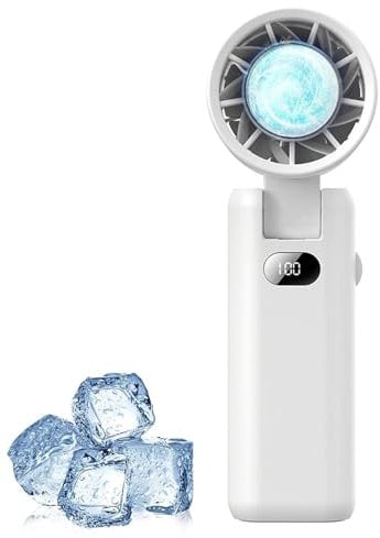 Intckwan Ventilatore a Mano Turbo Ricaricabile 3600mAh, Mini Ventilatore USB Portatile con 100 Velocità, Ventilatore Pieghevole con Funzione Ghiaccio per Esterno, Ufficio, Campeggio, Viaggi (Bianco)