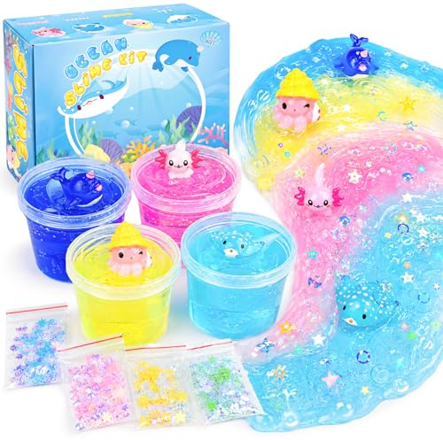 4 Pack Crunchy Crystal Slime, Pink Axolotl, Green Ray, Yellow Octopus and Blue Narwhal Clear Slime Party Favors for Kids, Soft & Non-Sticky, Birthday Gift for Girls and Boys Age 3+
