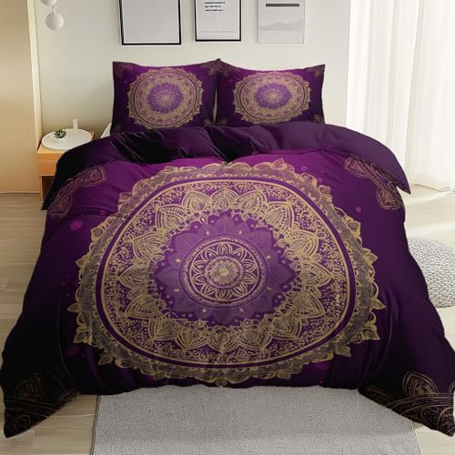 Bettwäsche Set Traditionell Indischer Stil Mandala Thema, Reversibel Einfache Pflege Bettbezug mit 2 Kissenbezug 80 x 80 cm, 135 x 200 cm Weiche Gebürstete Mikrofaser Bettbezug, Dunkelviolett