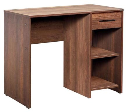 FWStyle Walnut Effect Desk – 90cm Compact Home Office Desk with Drawer & Shelves – Scratch & UV Resistant Finish, Flat Pack with Easy Assembly – Ideal for Study or Bedroom Workspace