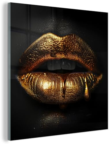 MuchoWow© Glasbild Wall Art Decoration Bilder für die Wand Schlafzimmer | 50x50 cm - Deko Canvas Painting Wanddekoration Wohnzimmer Frau - Lippen - Porträt - Gold - Schwarz