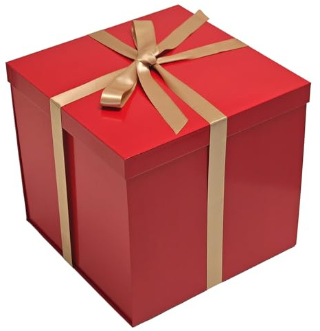 Tekhoho Hohe Geschenkbox 28 x 28 x 26.5 cm Rot mit Deckel und Band, stabile Geschenkbox mit Karofutter für Geburtstag Hochzeit Weihnachten