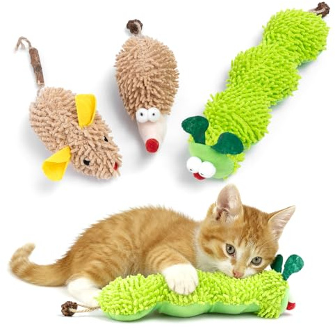 Lot de 3 jouets interactifs en peluche à l'herbe à chat pour chatons adultes d'intérieur - Jouet à mâcher pour le nettoyage des dents - En peluche résistante aux morsures - Motif chenille, souris