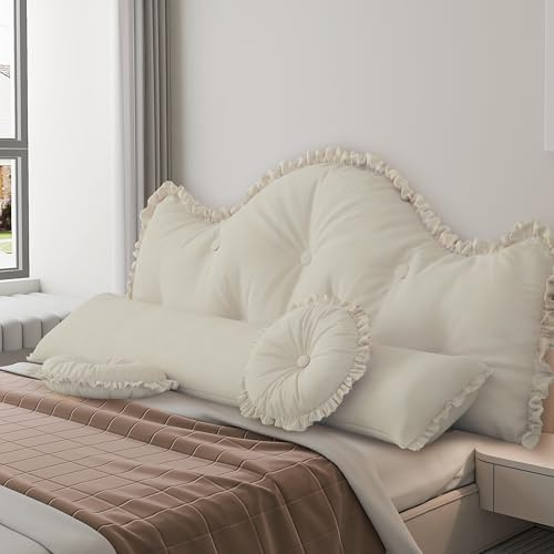 Fuffory 4-tl. Vintage-Kopfteil-Set: Getuftetes Queen-Kopfteil mit Nackenrolle & 3 runden Dekokissen. Weiße Rückenlehne für Sofa, Couch, Bett und Tagesbett