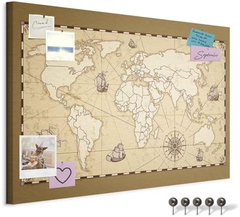decomonkey Pinnwand Weltkarte, 120x80 cm, alte sepiafarbene Karte | Leinwand, Wandbilder, Landkarte, XXL, Wanddeko, Korktafel, World Map, Groß, Komplettbilder im Holzrahmen, aufhängefertig