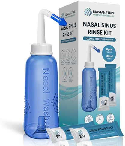 Nasal Rinse Kit – 300ml Bottle + 21 Saline Packets – Neti Pot for Sinus Relief & Nasal Hygiene – PH Balanced, Drug-Free, Preservative-Free – Suitable for Adults & Children 3+