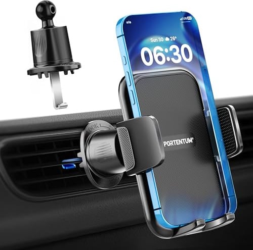 PORTENTUM Porta cellulare auto con gancio per presa d’aria – Nuova versione 2026 – Triplo aggancio – Rotazione 360° orientabile – portatelefono da automobile compatibile con telefoni da 4 a 7,5