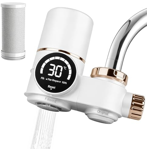 Wasserfilter für Wasserhahn mit LED-Anzeige, Wasserfilter Wasserhahn Trinkwasserfilter entfernt Chlor, Schwermetalle, UV-Sterilisation Leitungswasserfilter(mit Filter) für Küche Reisen Haustiere,Weiß