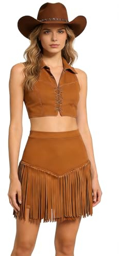 Western Skort, gonna da donna con frange, costume da cowgirl in pelle scamosciata, vintage, gonna a matita con nappe, per feste, carnevale, da donna, elasticizzata, a vita alta