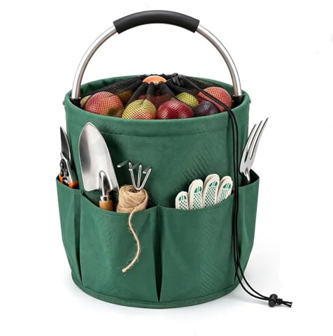Raoletin Garden Tool Bag 17L Garden Tool Storage Bucket with Handle, Foldable 6 Pockets Small Tool Bag Organiser, Portable Multi Handy Folding Bucket Caddy for Gardening, Yard, Lawn Work