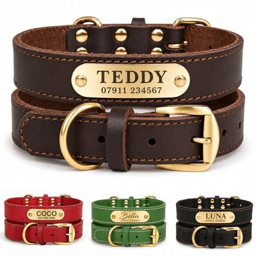 Personalised Genuine Leather Dog Collar with Deep Engraved Name Plate, Custom Pet ID Collar for Cats Small Medium Large Dogs, Name Phone Postcode,Adjustable 6 Sizes 4 Colours, Gift, UK Dispatch