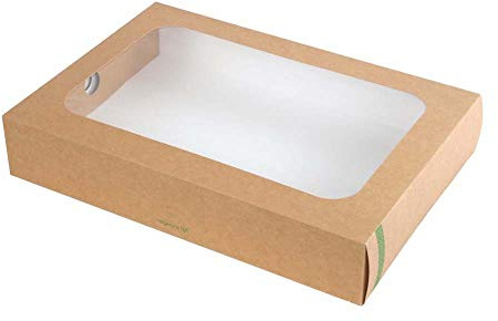 Large Sandwich Platter Box & Insert - 45x31x8.2cm (Pack 25) | Clear PLA windows offer an unobstructed view, paired with a plant-based compostable construction for caterers.