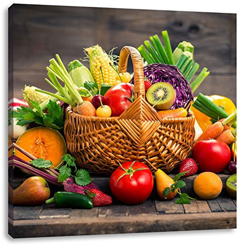 Pixxprint Frisches Obst und Gemüse im Korb, Größe: 60x60, Leinwandbild Quadratisch, Wandbild, Kunstdruck, fertig bespannt