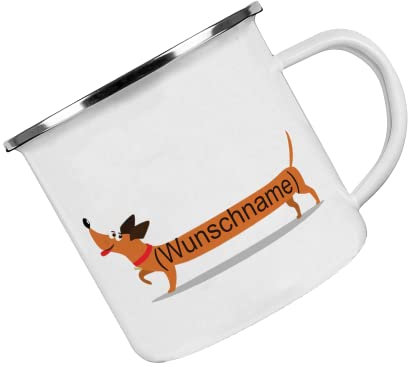 Crealuxe Emaille Tasse personalisiert 'Dackel ', Becher mit Name und Spruch, Camping Tasse