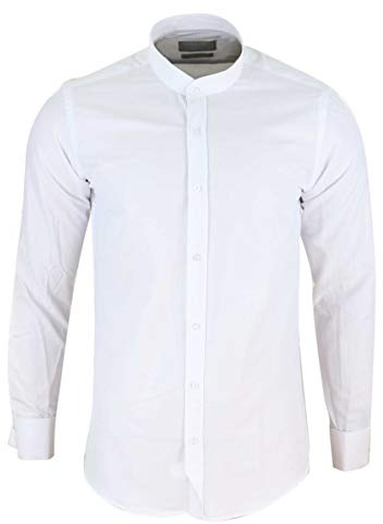 Mens White Nehru Classic Club Round Removable Collar Button Shirt Slim Fit - Nehru pb Slim M