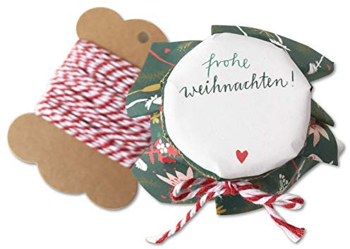 25 MINI Marmeladendeckchen - Frohe Weihnachten, Gläserdeckchen grün für Marmelade, Einmachgläser & Weihnachtsgeschenke, für kleine Gläser, Recyclingpapier Abreißblock + 10 m Garn + Justiergummi