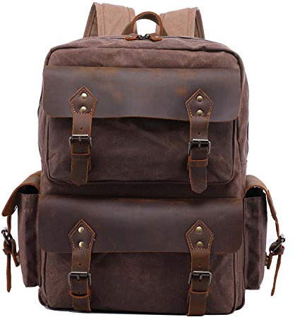 Neuleben Wasserdicht Canvas Leder Rucksack Herren Wanderrucksack Damen Schulrucksack Vintage 15.6 Zoll Laptop Rucksäcke Daypack für Wandern Schule Outdoor Alltag
