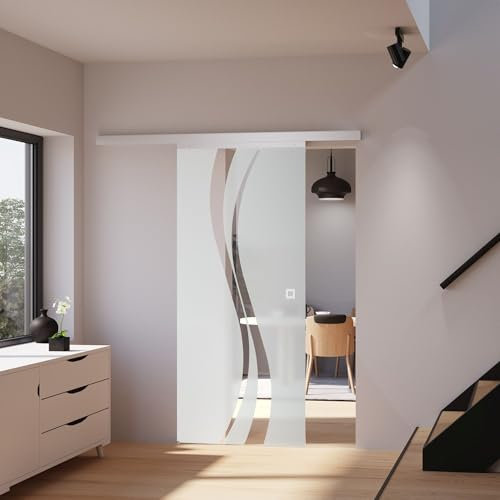 inova Glas-Schiebetür 880 x 2035 mm Wellen Design Alu Komplettset mit Lauf-Schiene und Quadratgriff inkl. beidseitiger Softclose