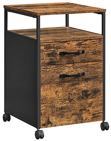 VASAGLE Schedario con 2 Cassetti, Mobile per Ufficio con Ruote, Ripiano Aperto, Struttura in Acciaio, Stile Industriale, Marrone Vintage e Nero Inchiostro OFC71X