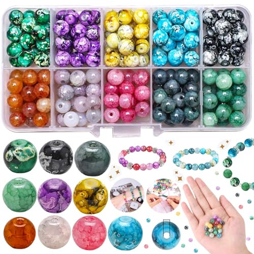 Duyteop 200 Stück Edelstein Perlen, Glasperlen Crackle, Crackle Glasperlen Zum Basteln, Farbige Runde Edelsteinperlen, 8mm Rund Bunte Armband Bastel Perlen, Für Schmuckherstellung Und Diy Handwerk