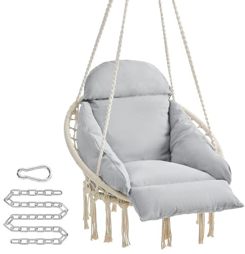 SONGMICS Fauteuil Suspendu, Chaise avec Coussin, Déco Maison Cocooning, Bohème, Chambre, Terrasse, Balcon, Jardin, Capacité 120 kg, Accessoires Inclus, Blanc Crème et Gris Tourterelle GDC042G01