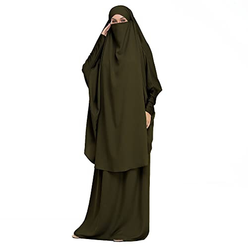 DOTBUY-SHOP Muslimisches Kleid Damen Einfarbig Zweiteiliger Muslim Lange Robe mit Hijab Naher Osten Dubai Arab Islamischer Ramadan Sommerkleid Gebetskleidung Abaya für Frauen