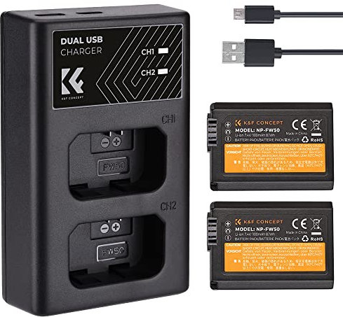 NP-FW50 K&F Concept Kameraakku Ladegerät, 1100mAh Batterie 2 Pack Ladeset für Sony ZV-E10 A6000, A6500, A6300, A6400, A7, A7II, A7RII, A7SII, A7S, A7S2, A7R, A7R2, A55, A5100, A5000,A3000, A55,RX10