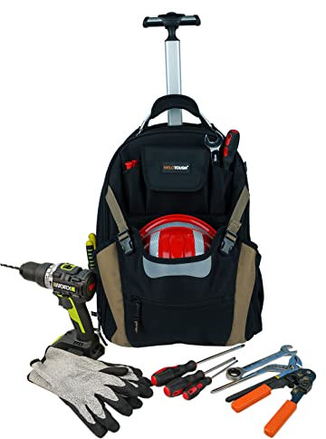MELOTOUGH Wheeled Rolling Tool Bag Welding Backpack with Wheels for Men Heavy Duty Tool Organizer Bag with Helmet Catch (Khaki)