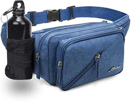 Fanny Pack for Men&Women with Shrinkable Bottle Cages,Waist Pack Bag Hip Bum Bag with Adjustable Strap for Outdoors Workout Traveling Casual Running Hiking Cycling Fishing, Navy-Blue-1, Sport