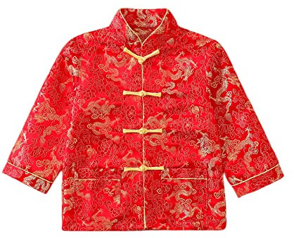 Costume de dragon à manches longues pour garçon - Tenue du Nouvel An chinois - Vêtements traditionnels chinois pour enfants, Rouge, 3-4 ans