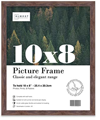 Almost Frameless 10x8 Walnut Picture Frame 10x8(25.4x20.3cm) Poster, Photo, Artwork, or Print. Thin Edge Slim Frame Portrait and Landscape Display with Wall Hooks