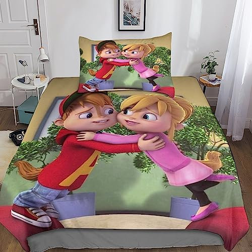 BARDYS Alvin and The Chipmunks Spannbetttücher Bettwäsche, Druck Bettbezug,deckenbezug Mit Kissenbezug,süße Dekoration Bettwäsche SetSingle(135x200cm)