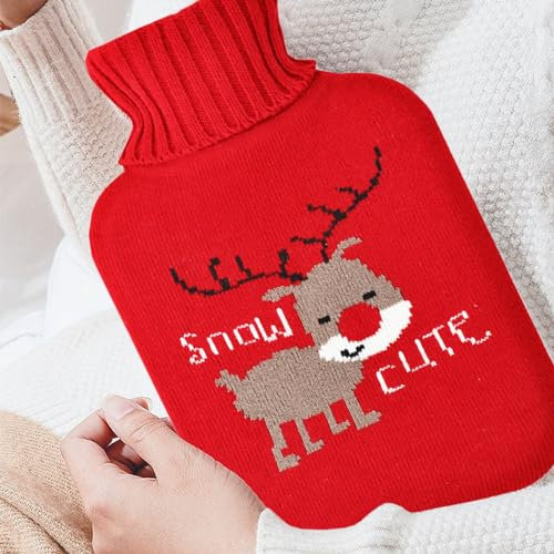 ASSUGO Weihnachtsgeschenke wärmflasche, 2l große wärmflasche mit bezug, geschenke für frauen hot water bottle, wärmflasche kuschelig für Erwachsene und Kinder (Weihnachts Hirsch)