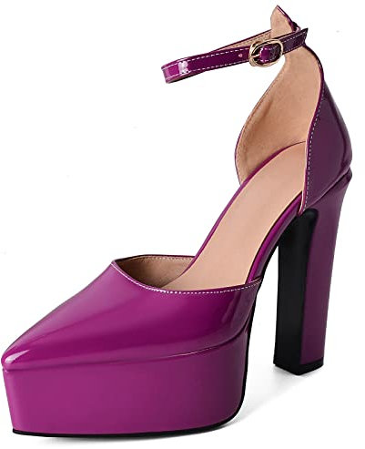 Lizoleor Vernice Appuntito Tacco Alto Donna Moda Sposa Scarpe Con Cinturino Alla Caviglia Eleganti Plateau Sandali Festa Closed Toe Viola Numero 33 Eu