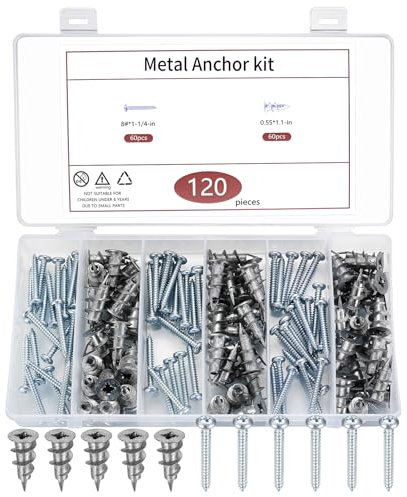 120 Chevilles pour Plaques de Plâtre avec Vis Autoperceuses (60 Vis+60 Chevilles), Chevilles pour Murs Creux Métal avec Vis pour Fixation Béton Plaques de Plâtre (tête unique)