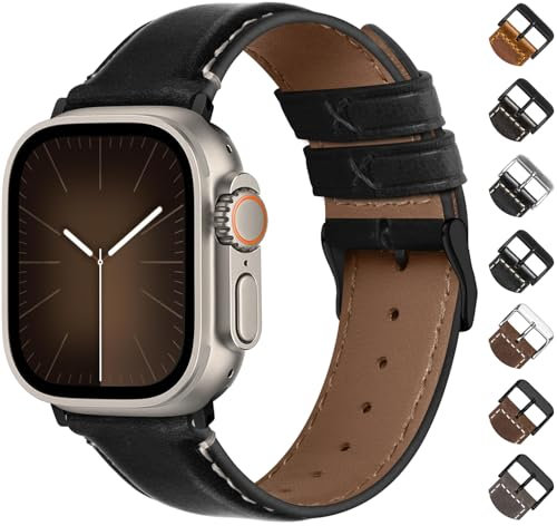Fullmosa Bracelet en cuir Compatible avec Apple Watch 49mm 46mm 44mm 45mm 42mm, Bracelet iWatch de remplacement pour Apple Watch Ultra 2/1 SE SE2 Series 10 9 8 7 6 5 4 3 2 1, Noir+Boucle Noir