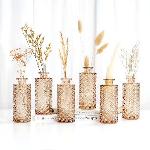 Winter Shore Vase Decoratif Ambre avec Motifs Diamant (Lot de 6) - Vase Fleur & Herbe de Pampa - Vase Vintage pour Décoration de Table, Mariage, Réception, Centre de Table