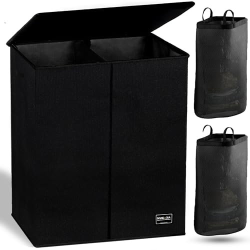 NUCAZA 145L Double Laundry Basket with Lid & Removable Laundry Bags, 2 Compartments Washing Basket for Light & Dark Clothes, Large Laundry Hamper, Collapsible Laundry Bin Storage Basket Full Black