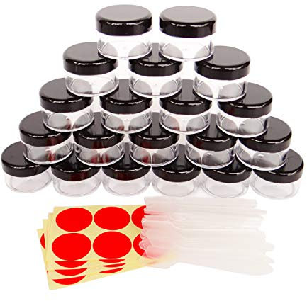 Wopanxye 20pcs 15ml Small Sample Jars, 15 Gram Empty Refillable Cosmetic Container, Plastic Round Pot BLACK Screw Cap Lid, Tiny 15g Bottle for Makeup Eye-shadow Nails Powder Jewelry, FREE Spatulas