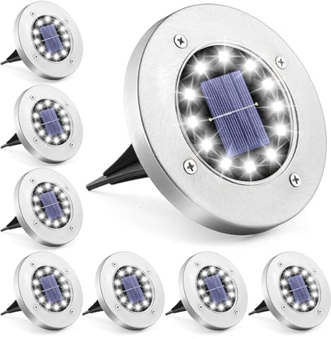 JIMACRO Lumière Solaire Extérieur Jardin, 12 LEDs Eclairage Lampe au Sol, 8 Pièces Étanche Lampe Solaire Spot Encastrable Solaire Au Sol Eclairage pour Chemin, Cour, Terrasse, Pelouse, Jardin