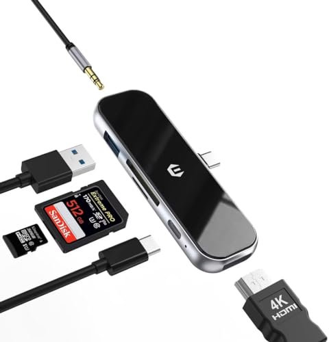 Tymyp Adaptador USB C para iPad Pro, concentrador USB-C 6 en 1 con 4K HDMI/PD 100 W/USB 3.0 y 3,5 mm auriculares Jack/SD/TF Ranuras Compatible con iPad Pro 2020 2019 2018, iPad Air 4/iPad Mini 6 (6 en