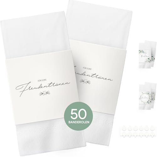 Freudentränen Taschentücher Banderole - 50 Stück, Taschentücher Hochzeit Freudentränen, Taschentücher Kirche, Hochzeits Ideen (Taschentücher nicht enthalten), inkl. Klebepunkte zum verschließen