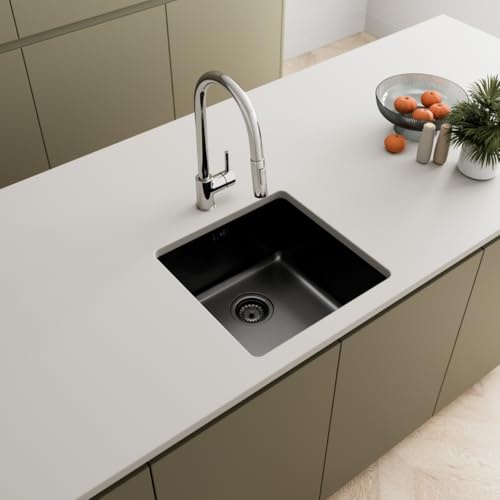 Lussena® 440 x 440mm Stainless Steel Kitchen Sink Single One 1.0 Bowl Undermount Installation, Black, Free Basket Strainer Waste