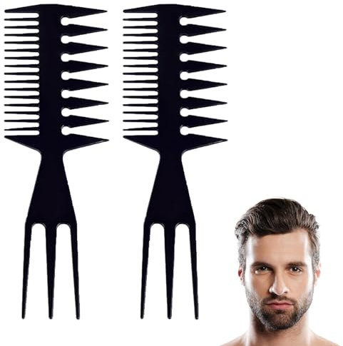 2 Pièces 3-en-1 Peignes en Plastique, Ensemble Brosse à Cheveux Antistatique Grosse Dents Larges Style Rétro Homme Démêlant Professionnel Outils pour Coiffure Coupe de Forme et Humide Noir