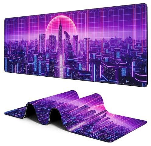 Large Gaming Mouse Pad for Desk Future City Big Desk Mat Extended Mousepad with Stitched Edge and Non-Slip Base Long Computer Keyboard Mouse Mat for Home Office Work, 11.8 x 31.5 Inch