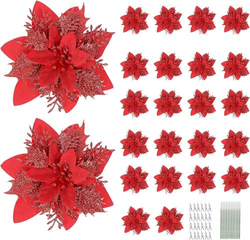 N&T NIETING Weihnachten Weihnachtsstern Blumen, 24Pcs künstliche Glitter Weihnachten Blumen Ornamente für Xmas Tree Wreath Dekorationen mit 24Pcs Stiele und Clips