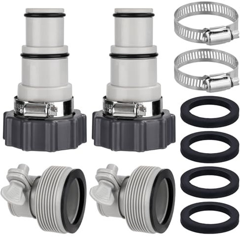 4pcs Pool Hose Adapter Kit, 2 Types Pool Pump Hose Conversion Adapters for 1.5 & 1.25 Inch Hoses Aboves Ground Pool Pump Hose Connector with Rubber Gasket & Stainless Steel Clip