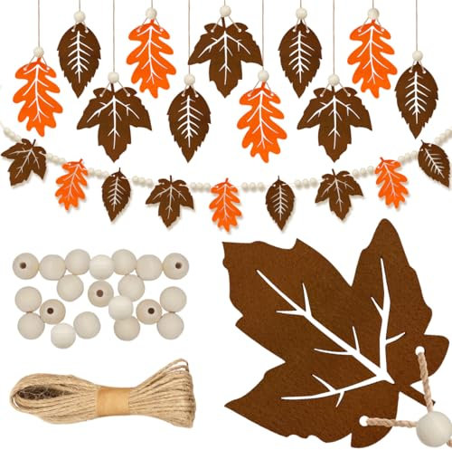 18er Set Herbstdeko mit Ahornblatt-Anhängern, Holzperlen und Seil - Hängende Herbstblätter für Fenster und Erntedankfest